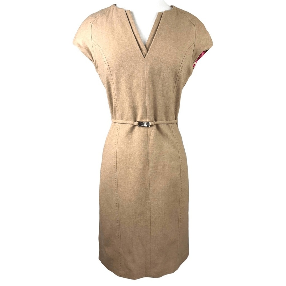 Ted Baker Tan Wool Blend Sheath Belted Dress